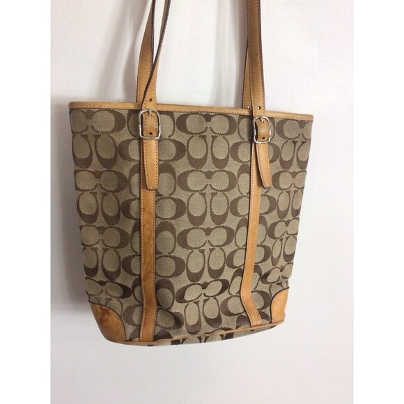 Coach Tote Bag Canvas Brown Print Leather Trim - Picture 4 of 9